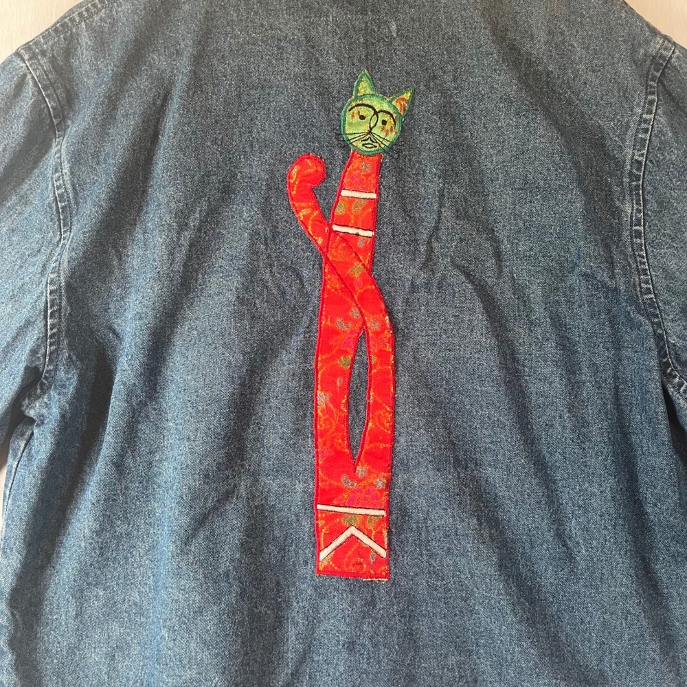 Tantrums Vintage Denim Jacket Women L Cat Patchwork Embroidered Art to Wear - Picture 15 of 16